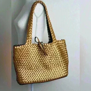 Large Woven Vegan Metallic Tote Bag With Tie Closure